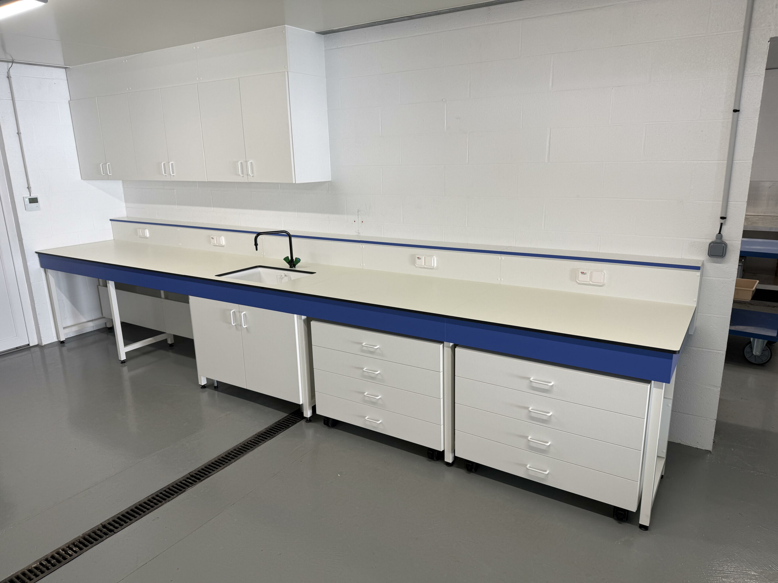 Paillasse de laboratoire sur mesure avec étagères et plan de travail en Trespa – installation Nord France